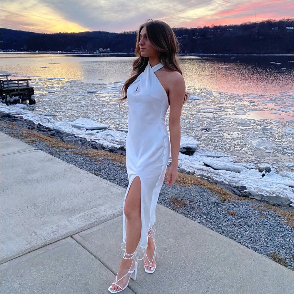 Beyond Classy White Satin Halter Midi Dress